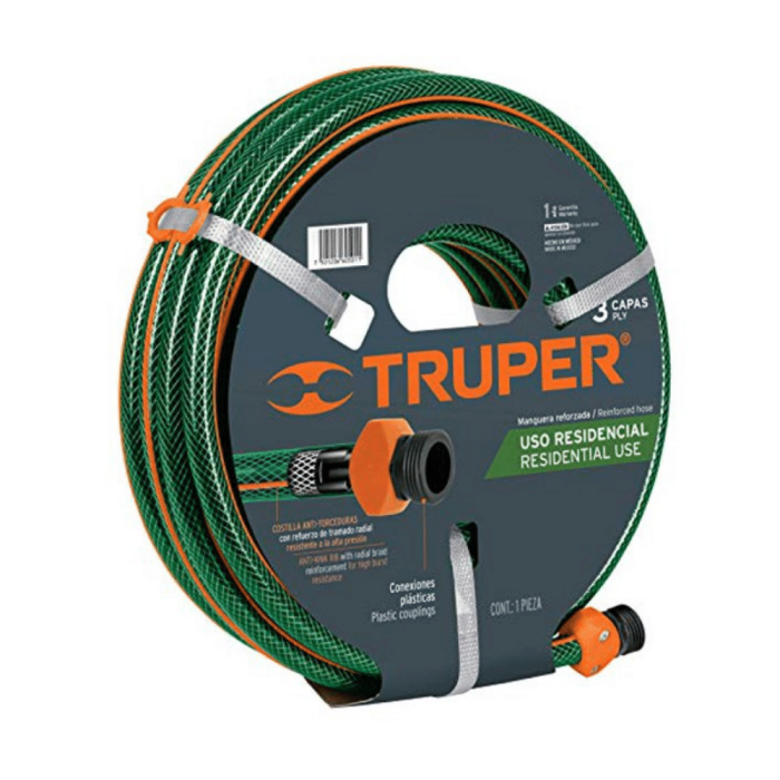 Truper - 1/2" 3 Ply Garden Hose 49ft - (15m) Anti-Kink Strip