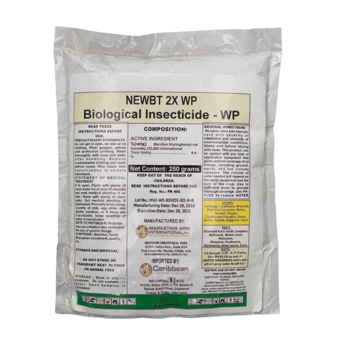 - - New Bt 2x Insecticide 250 Gram - 6.4% Wp Bacillus Thuringiensis